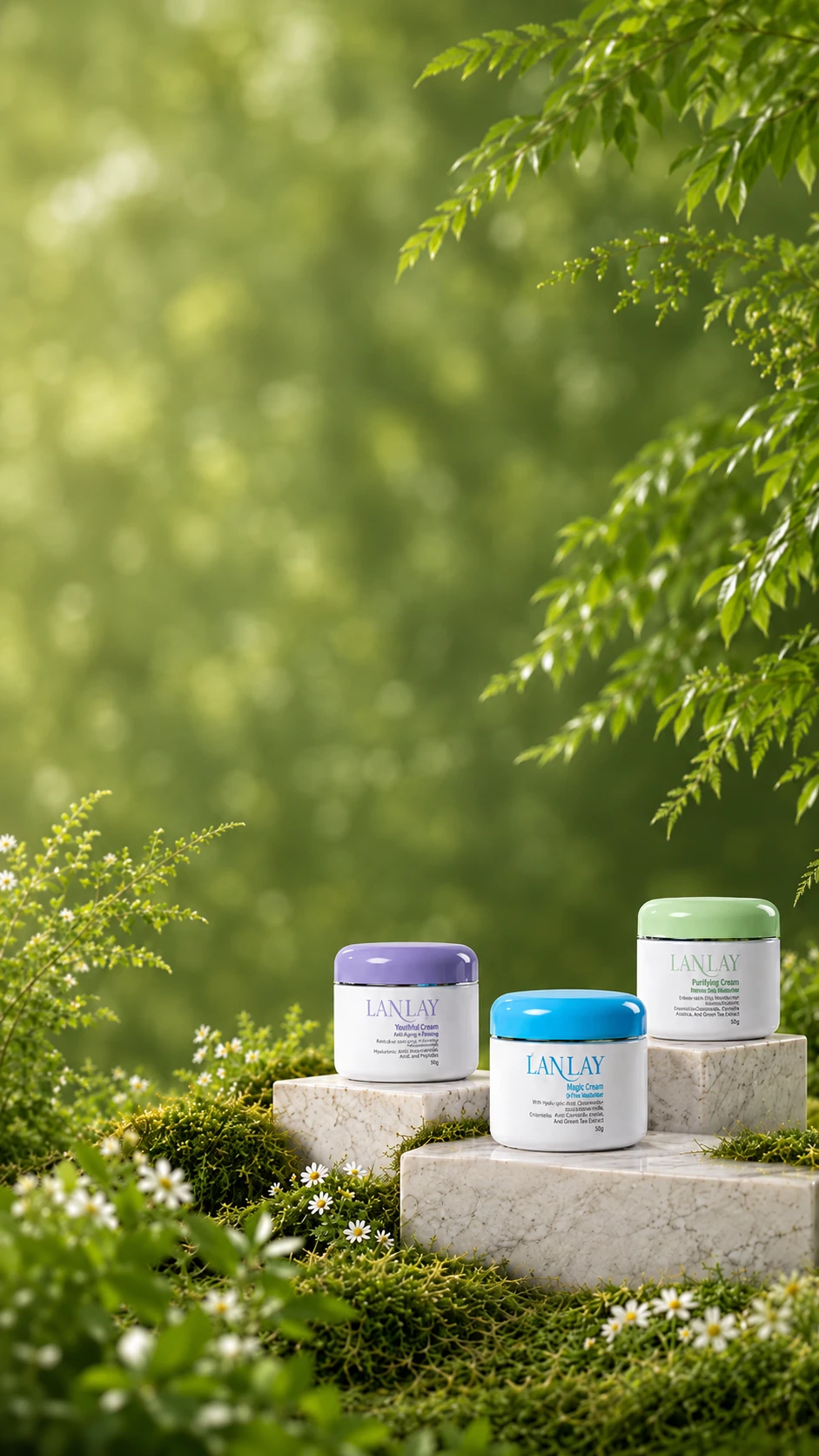 Lanlay Magic Cream trio in a botanical setting
