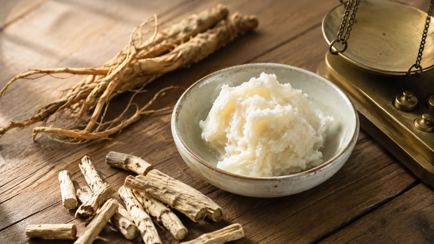 Raw lanolin and dried herbal roots arranged on a wooden apothecary table with a brass scale