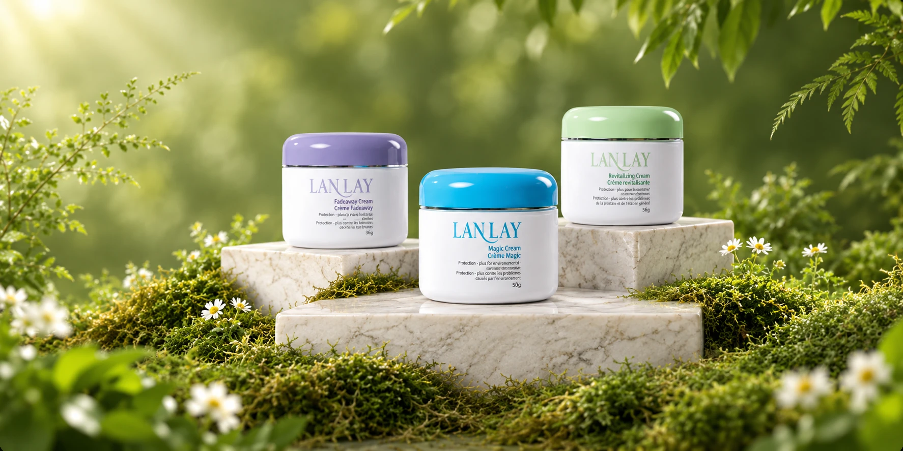 Lanlay Magic Cream trio in a botanical setting