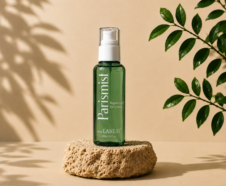 Parismist Replenishing EX oil on a stone with leaf shadows across a warm wall